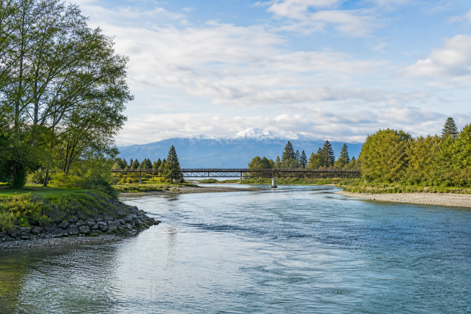 Courtenay river estuary with green banks, calm water, distant mountains, and soft clouds
